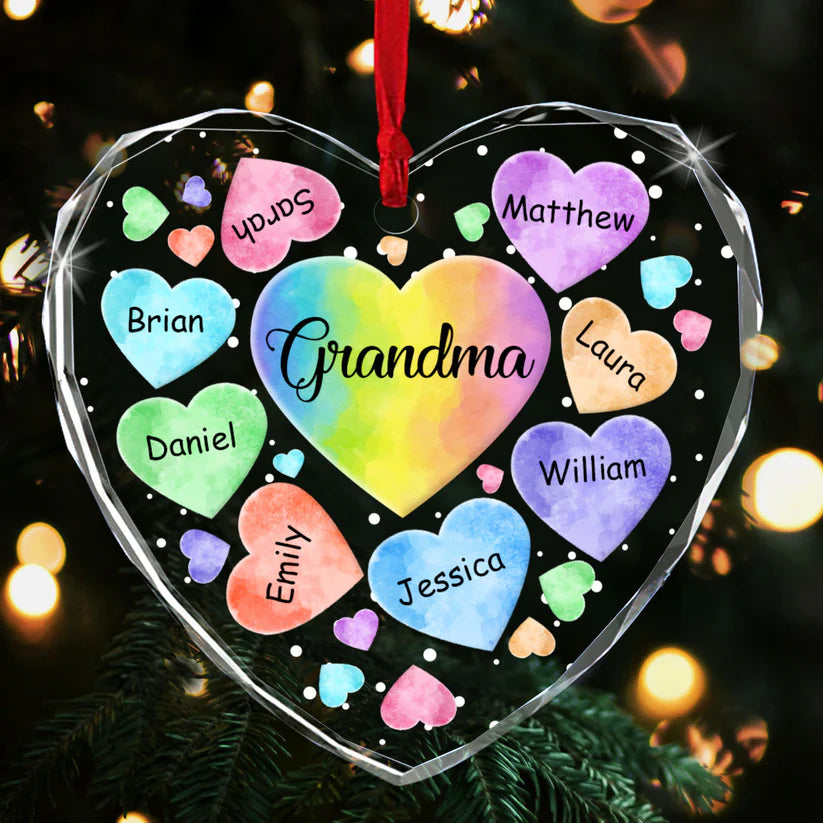 Grandkids Hearts Glass Ornament, Personalized Family Gift