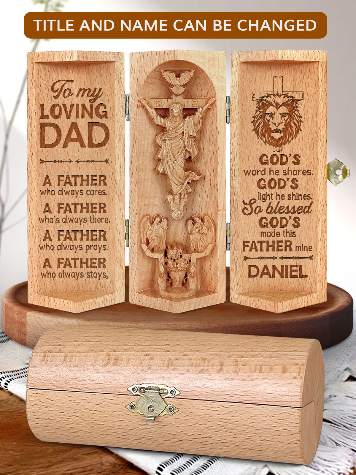 God's Word He Shares Personalized Openable Wooden Cylinder Sculpture of Jesus Christ, Christ Decor