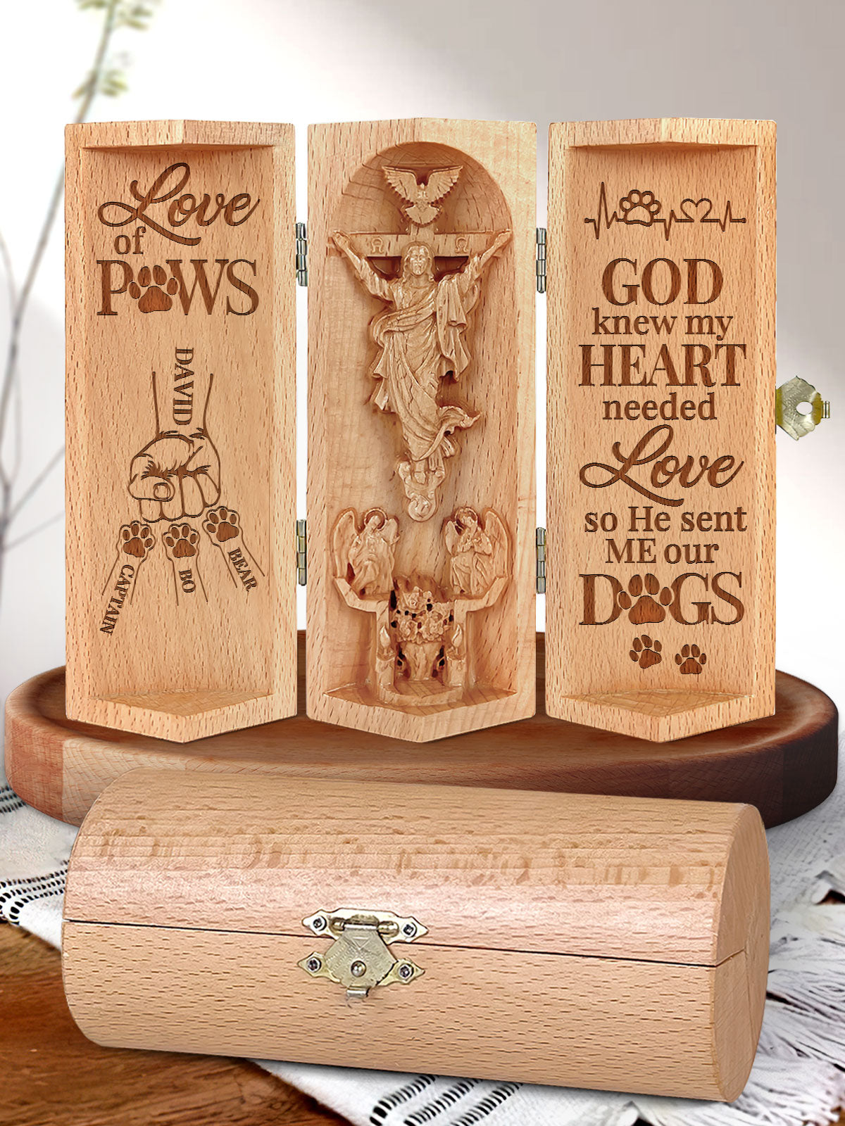 Love Of Paws, Openable Wooden Cylinder Sculpture of Jesus Christ, Christ Decor