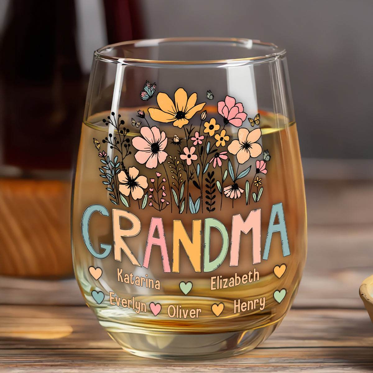 Grandma Flower Personalized Stemless Wine Glass, Gift For Grandma, Mother's Day Gift