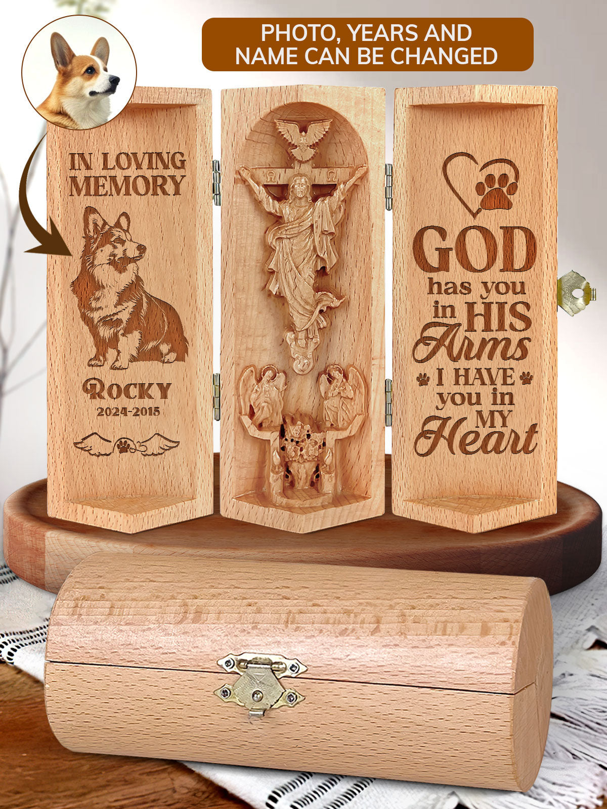 In Loving Memory Personalized Openable Wooden Cylinder Sculpture of Jesus Christ, Gift For Dog Lovers