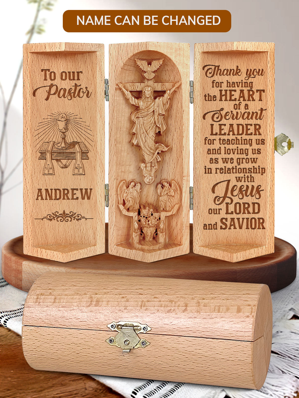 To Our Pastor, Openable Wooden Cylinder Sculpture of Jesus Christ, Christian Gifts, Religious Gifts