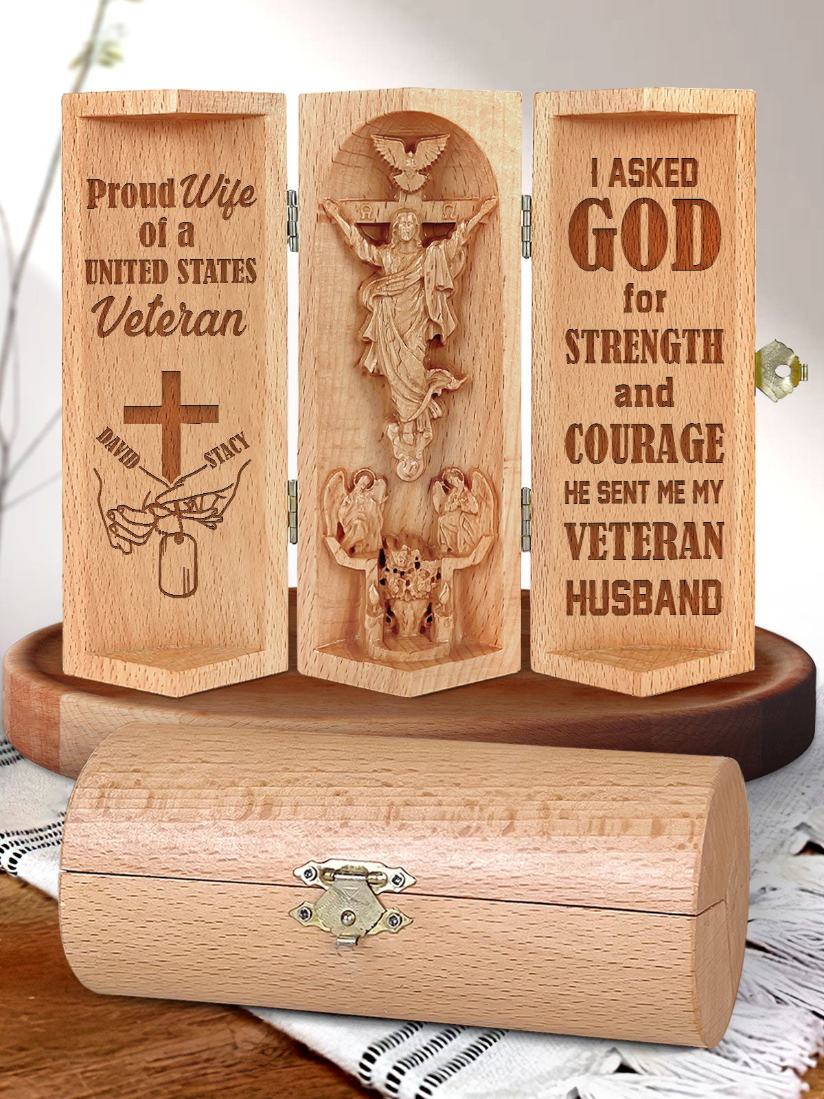 United States Veteran, Personalized Openable Wooden Cylinder Sculpture of Jesus Christ, Christ Decor