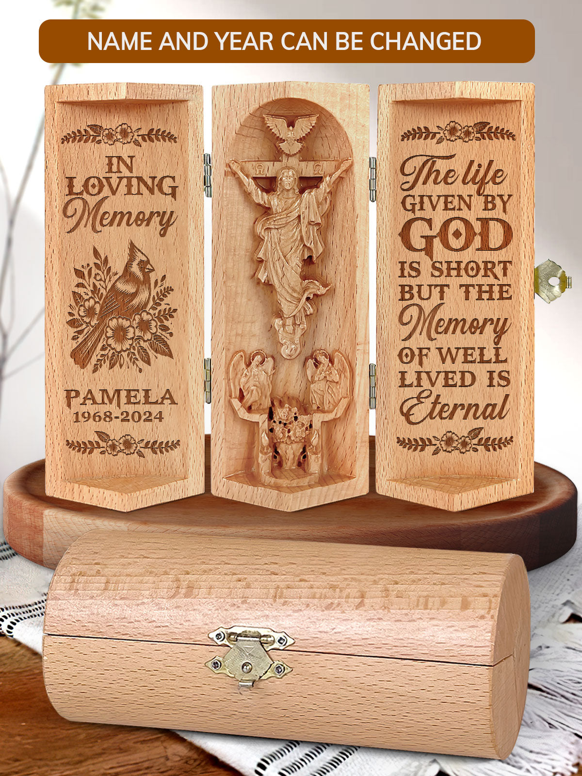 In Loving Memory, Openable Wooden Cylinder Sculpture of Jesus Christ, Christ Decor