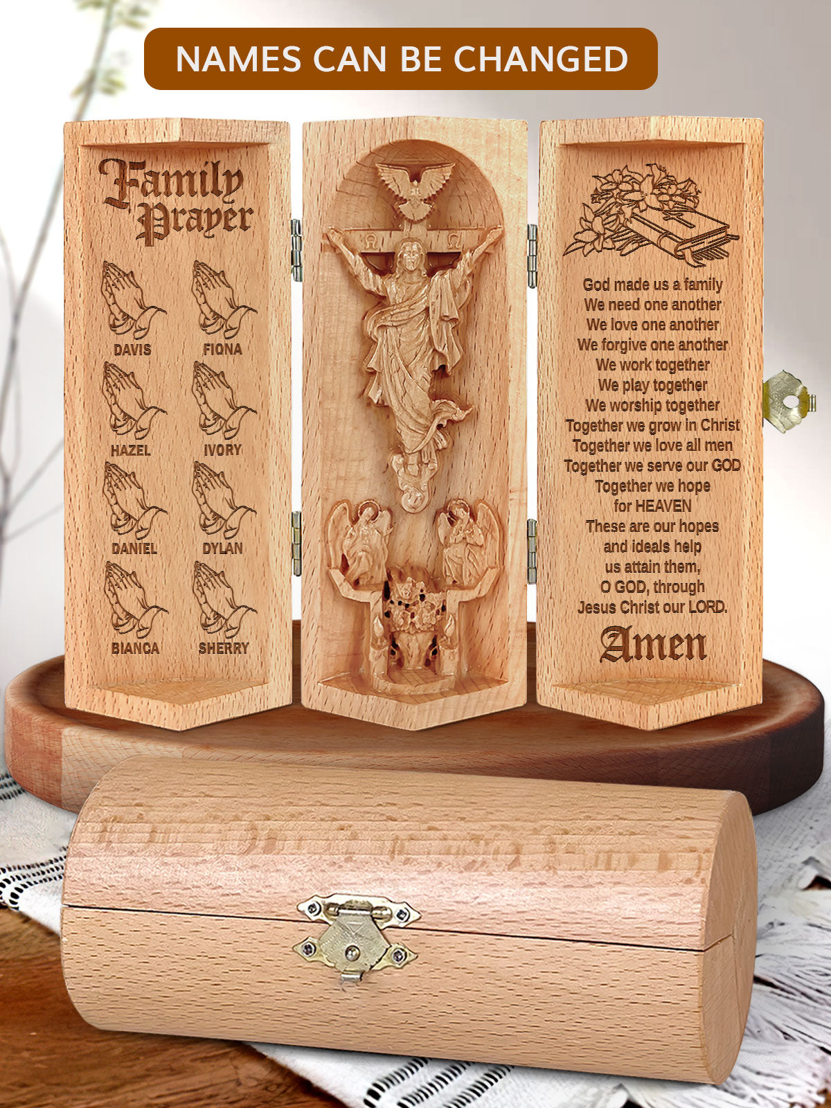 Personalized Family Prayer Openable Wooden Cylinder Sculpture of Jesus Christ, Christian Gifts, Religious Gifts