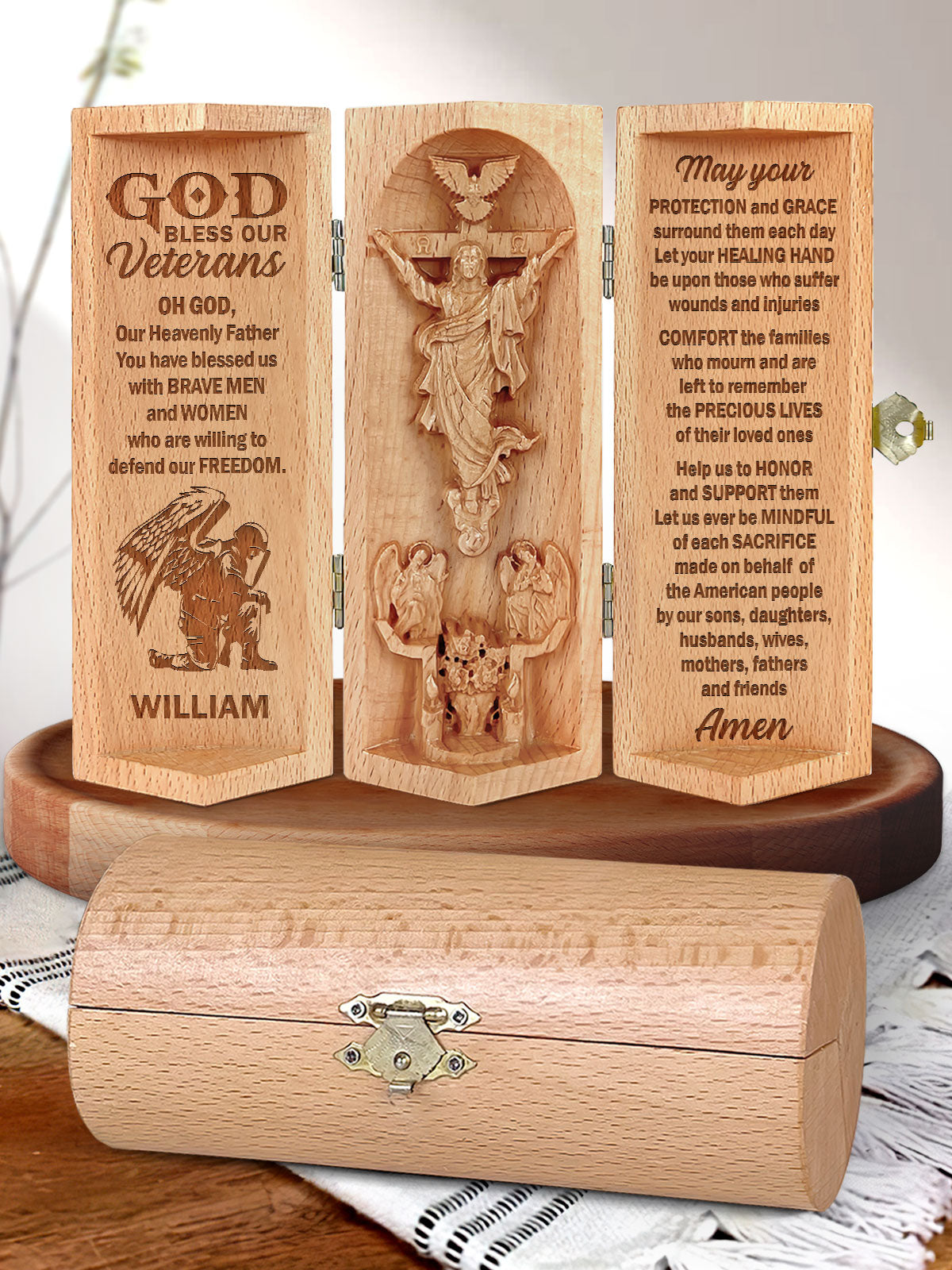 God Bless Our Veterans Openable Wooden Cylinder Sculpture of Jesus Christ, Christ Decor