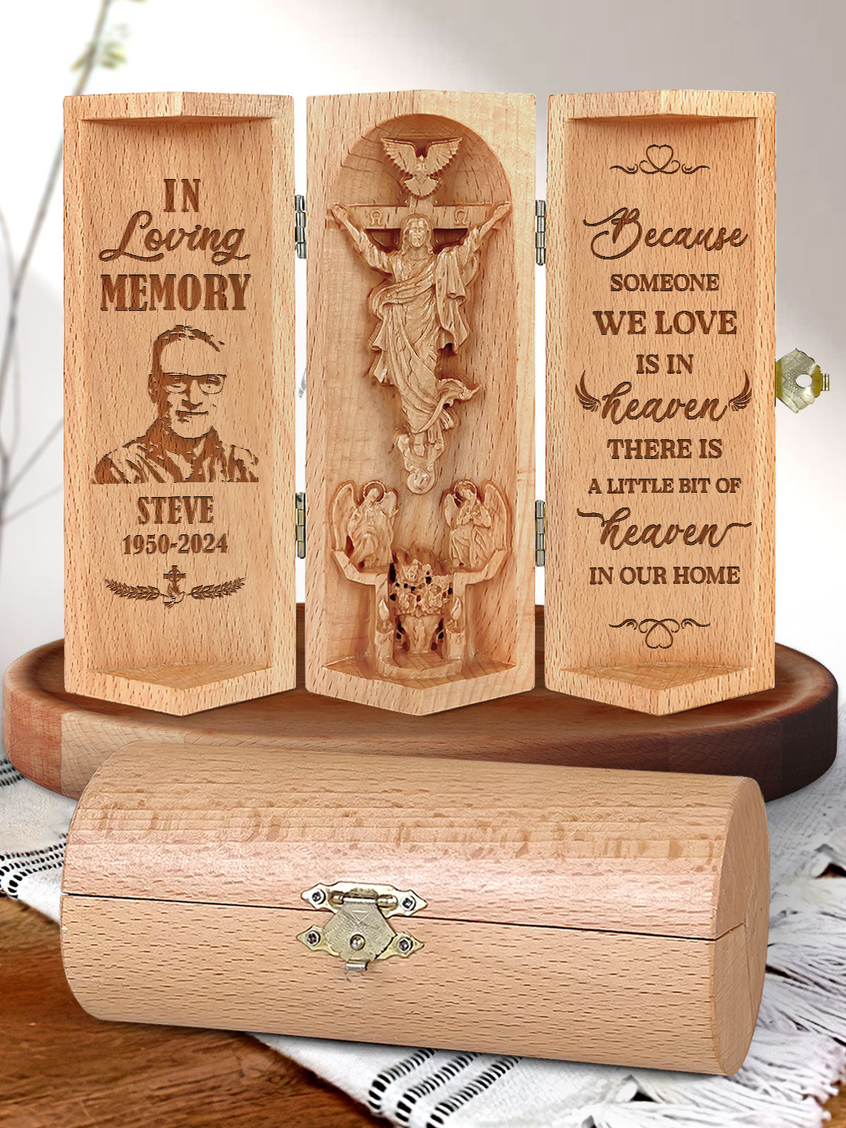 In Loving Memory Custom Photo Openable Wooden Cylinder Sculpture of Jesus Christ, Christ Decor