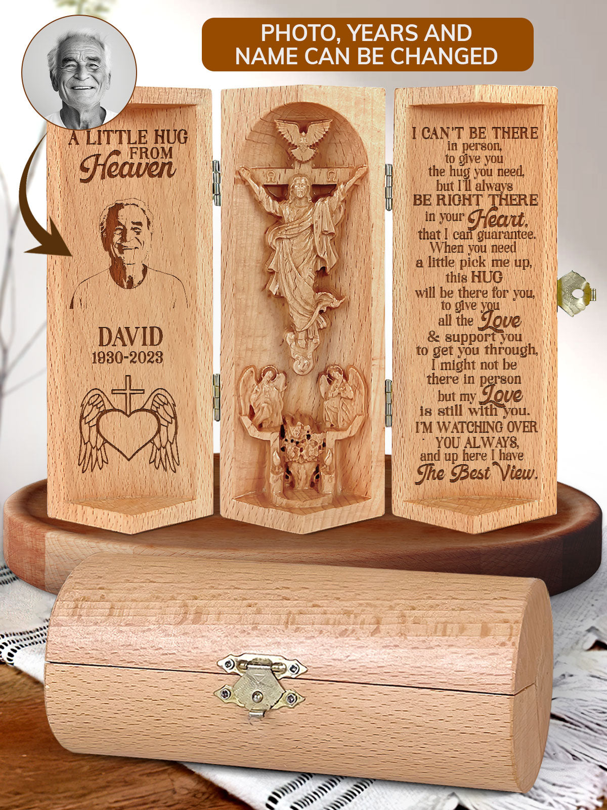 A Little Hug From Heaven Personalized Openable Wooden Cylinder Sculpture of Jesus Christ, Christ Decor