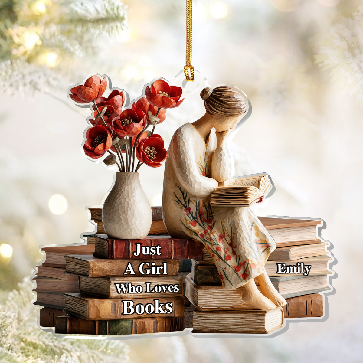 Just A Girl Who Loves Books Christmas Keychain, Acrylic Ornament, Xmas Decor, Custom Name Gifts For Readers