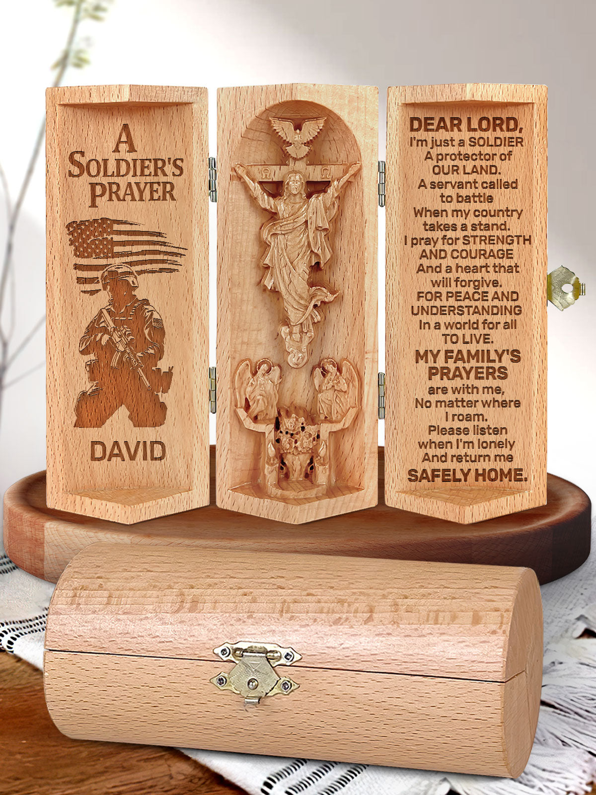 A Soldier's Prayer Personalized Openable Wooden Cylinder Sculpture of Jesus Christ, Christ Decor