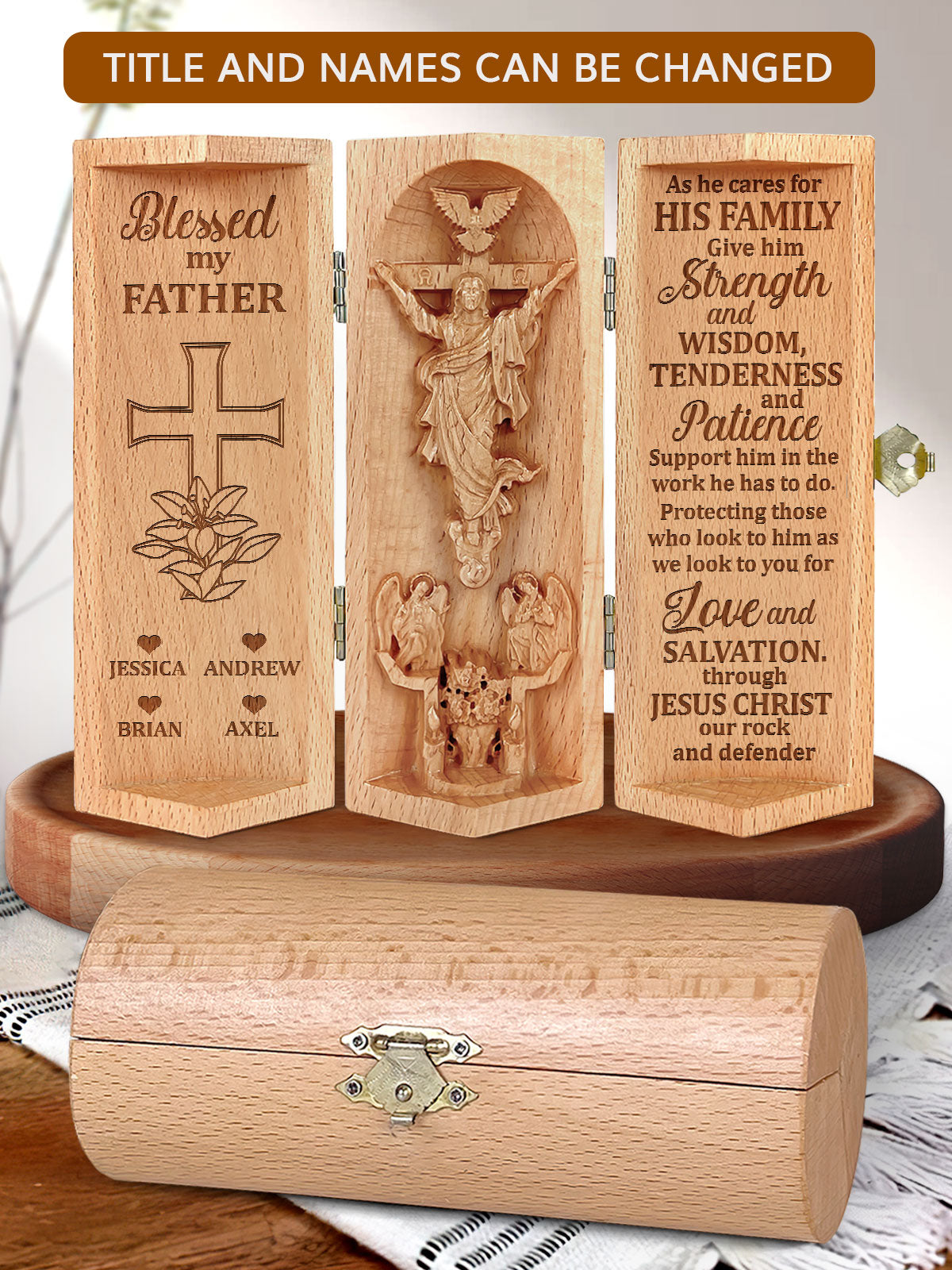 Personalized Blessed My Father Openable Wooden Cylinder Sculpture of Jesus Christ, Christian Gifts, Religious Gifts