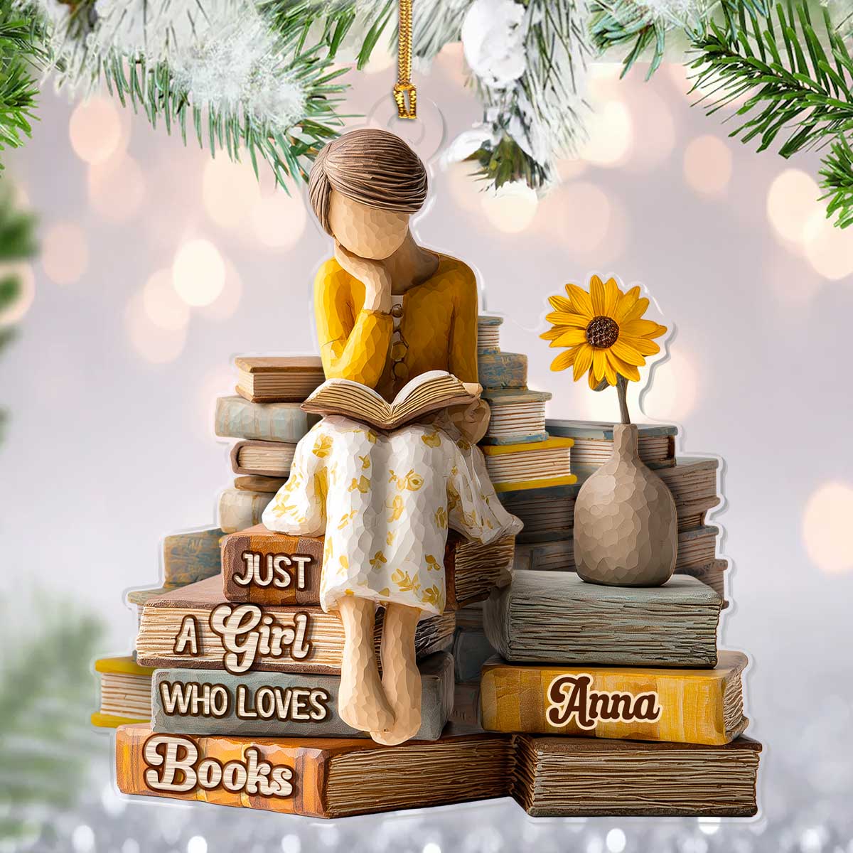 Just A Girl Who Loves Books With Sunflower Xmas Ornament, Books Lovers Acrylic Ornament