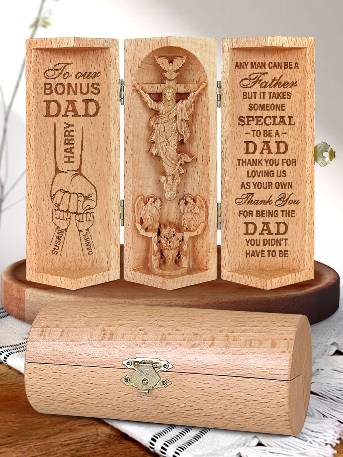 Dad Gifts, To Our Bonus Dad, Personalized Openable Wooden Cylinder Sculpture of Jesus Christ, Christ Decor