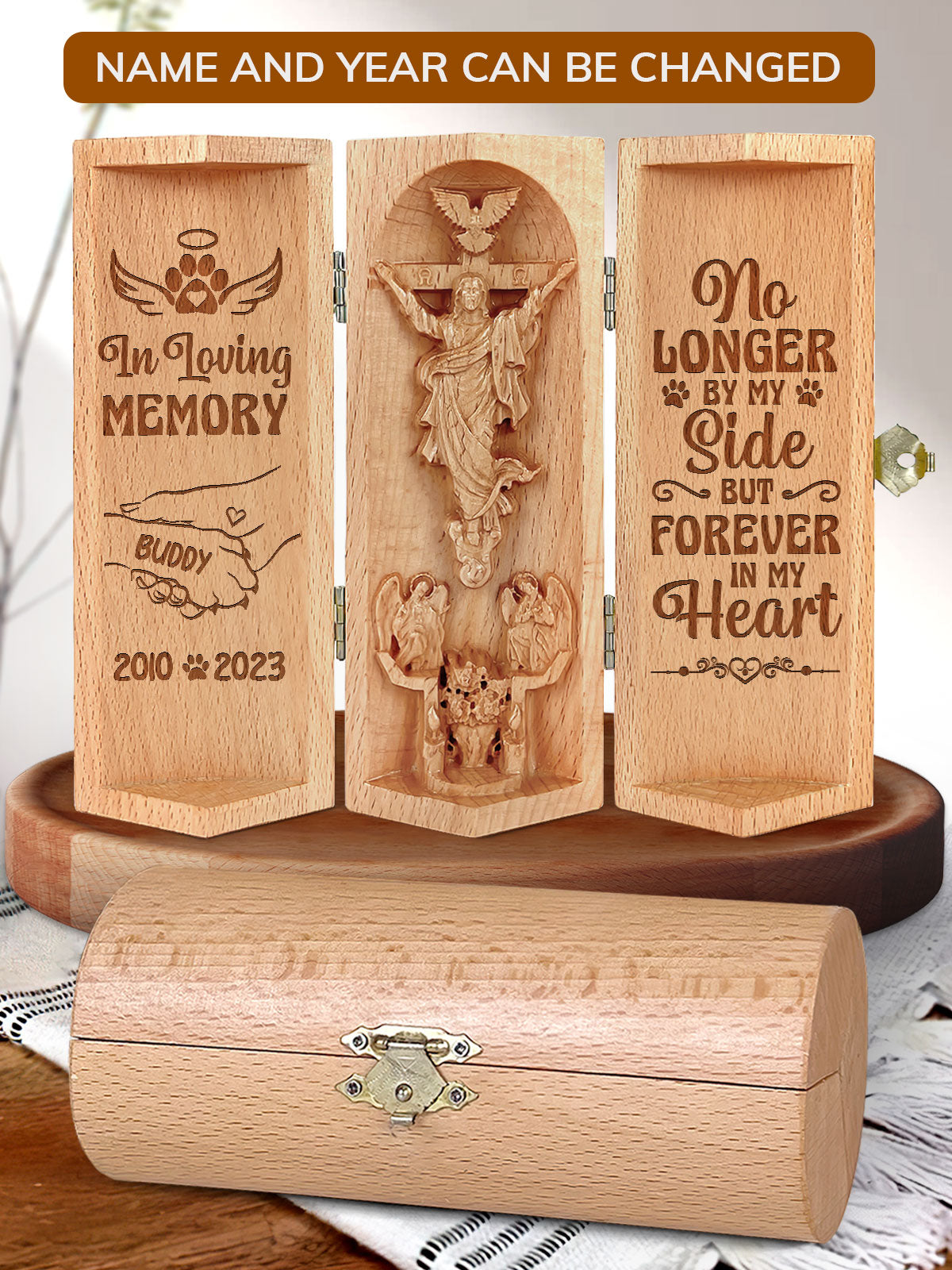 In Loving Memory, Forever In My Heart, Personalized Openable Wooden Cylinder Sculpture of Jesus Christ, Christ Decor