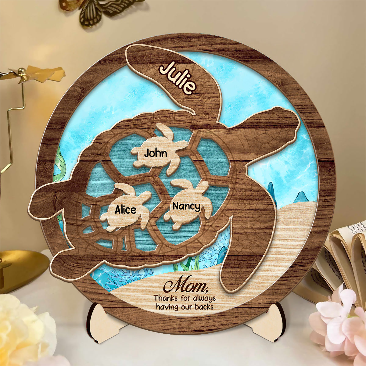 Thanks Having Our Backs Mom Custom Sea Turtle Mom Wooden Sign, Mother's Day Gift