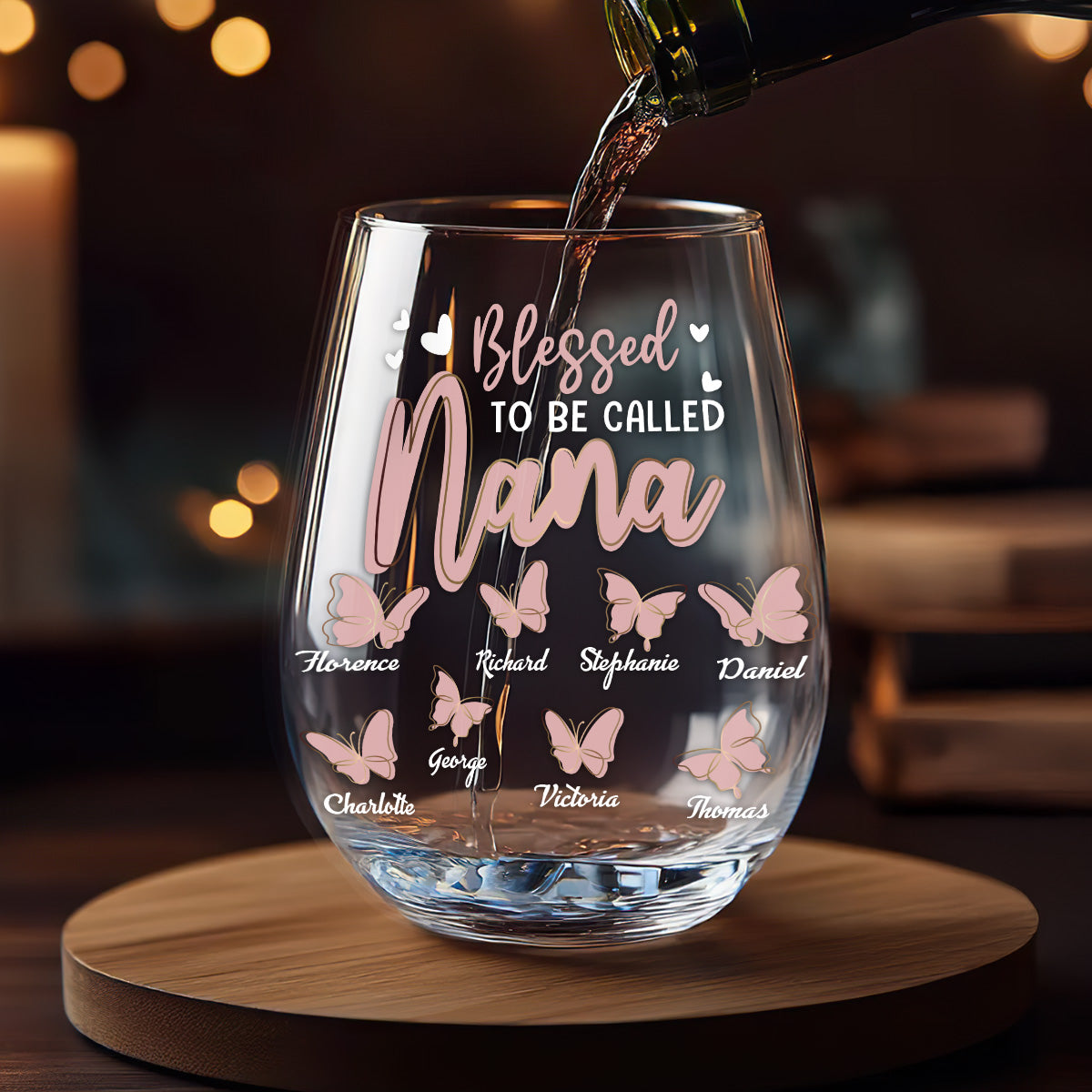 Blessed To Be Called Nana Butterfly Personalized Stemless Wine Glass, Gift For Mom