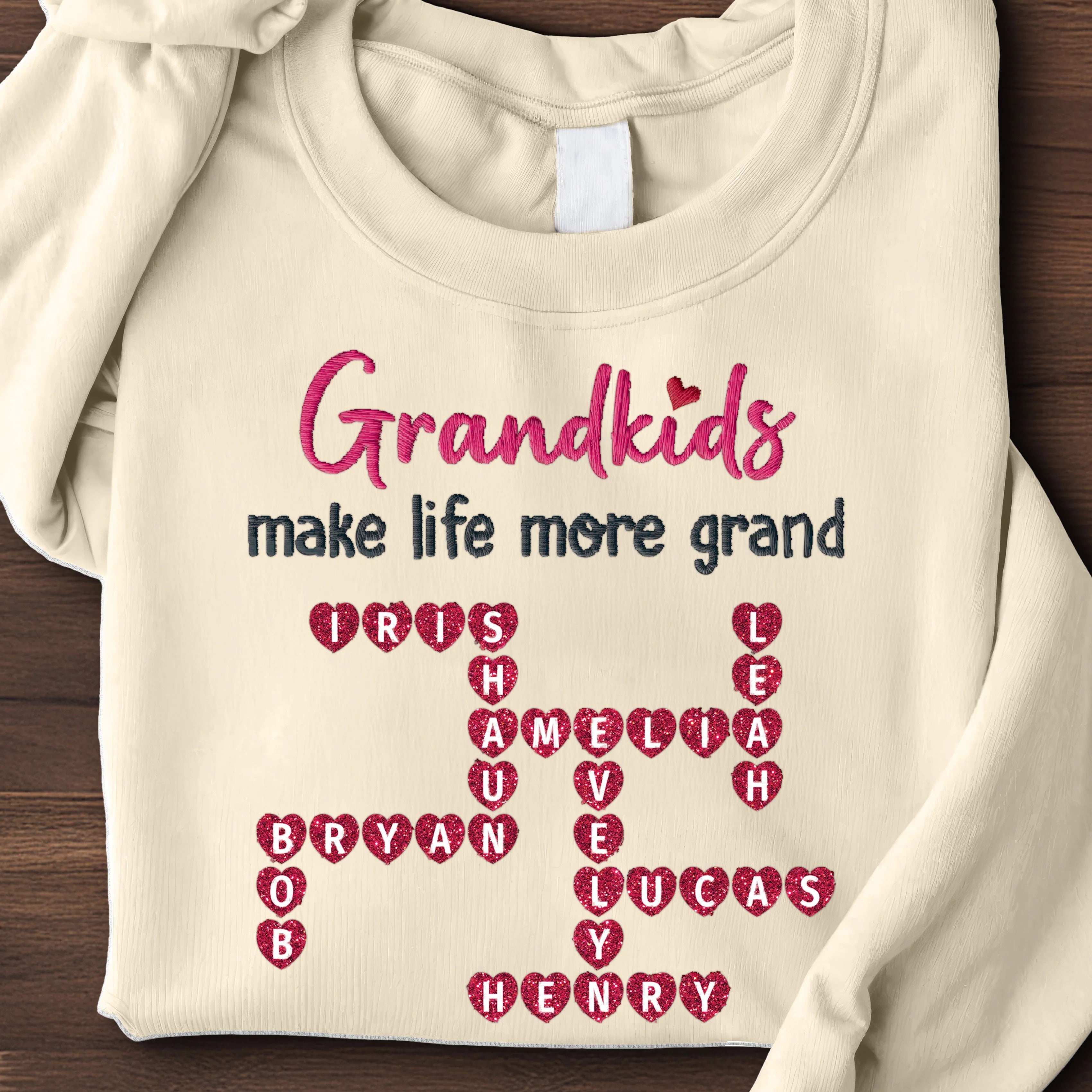 Grandkids Make Life More Grand Crossword Puzzle Art Personalized Glitter Embroidery Sweatshirt, Gift For Grandma